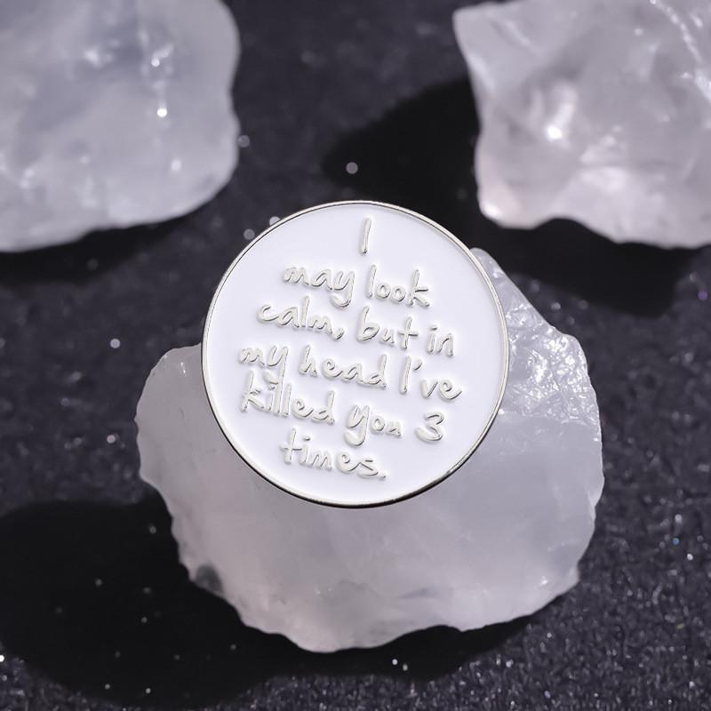 Chic Letter White Brooch Artistic Round Metal Pin Glossy Finish For Fashion Lovers