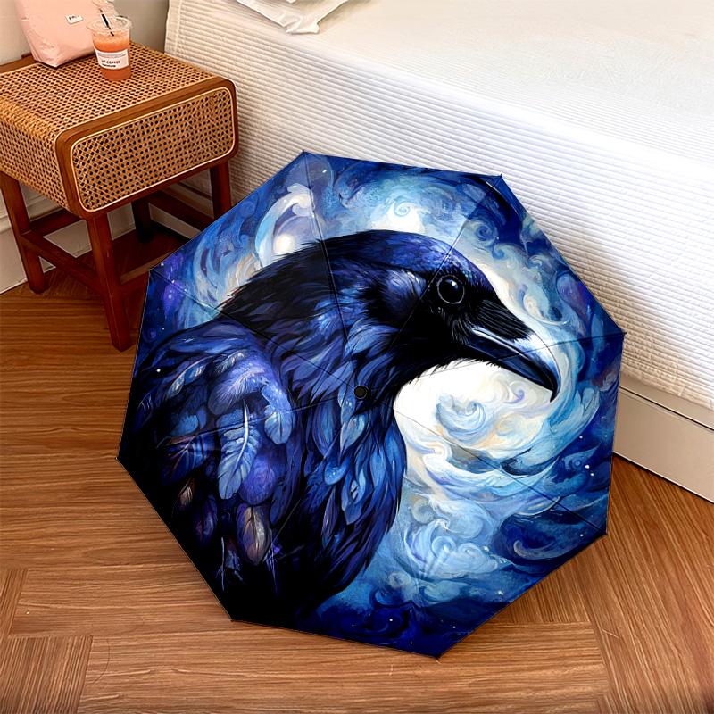

1 PC Automatic Folding Umbrella - Blue Raven Pattern, Portable & Foldable Design with 8 Ribs, Christmas Birthday Gifts