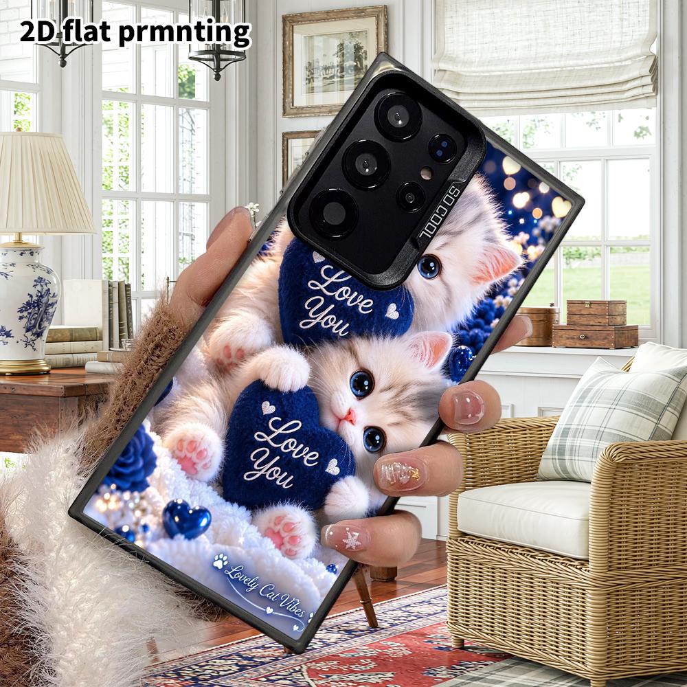 Phone Case: 2D Flat Samsung Galaxy A34 A35 M05 M06 S20 S22 S21 FE Plus 5G Protective Case, Couples Style, Heart with Two Little Cats, Christmas and Ha