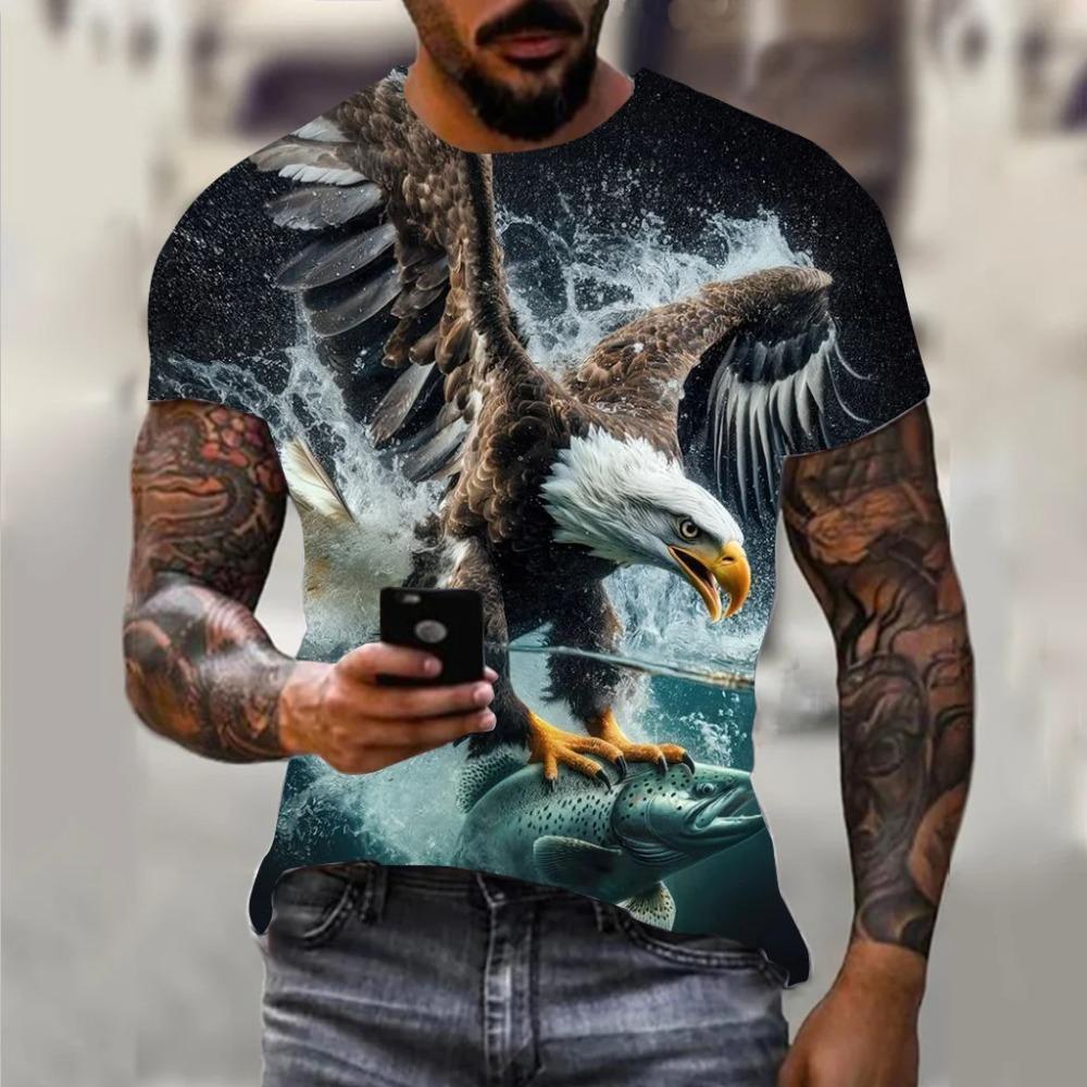 Koszulka męska Harajuku Hip Hop Trend Street Casual Okrągły dekolt Krótki rękaw Luźny Top Zabawny 3D Animal Eagle Print Koszulka