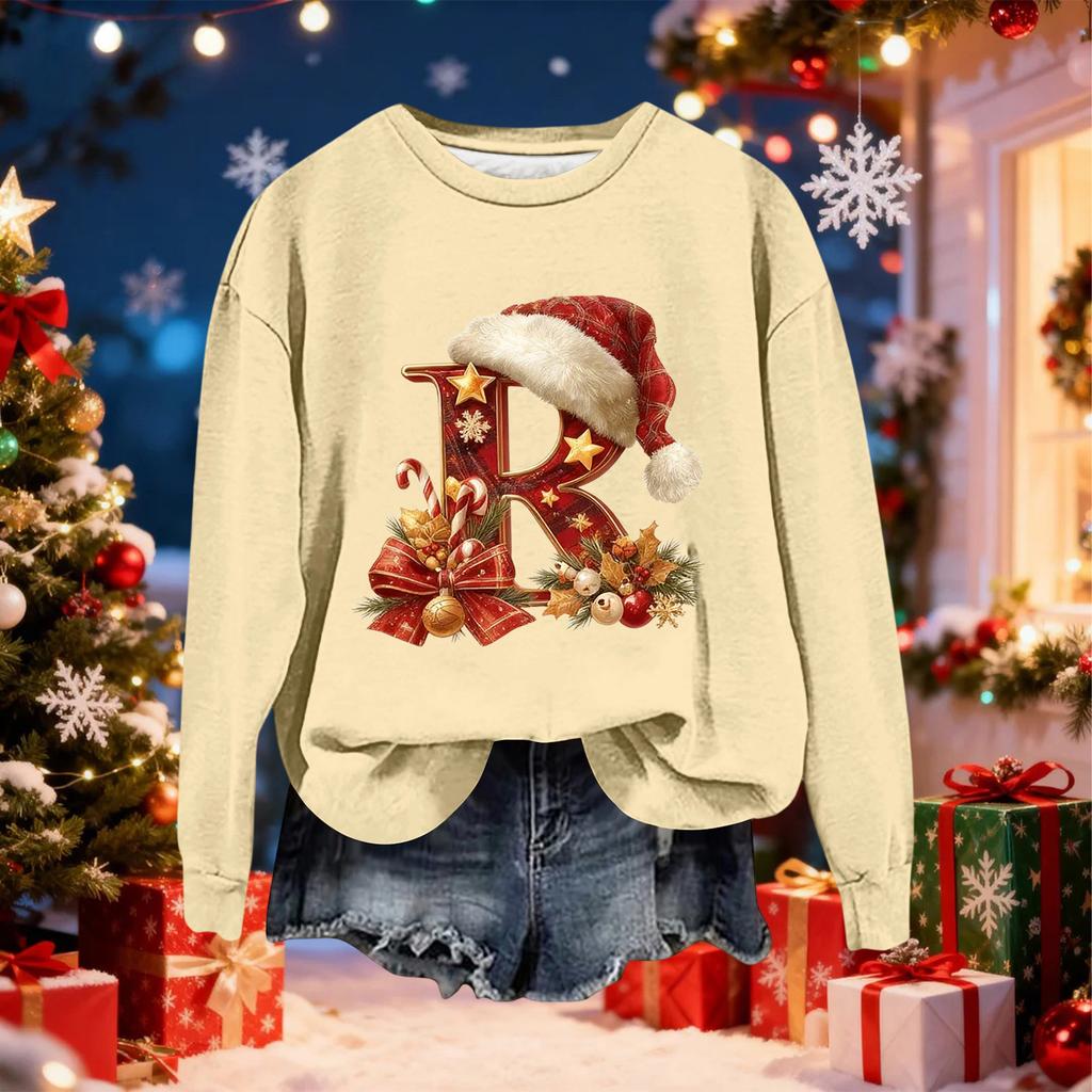 Damen Modisches Lässiges Langarm-Weihnachts-Sweatshirt mit Buchstaben-Print und Rundhalsausschnitt