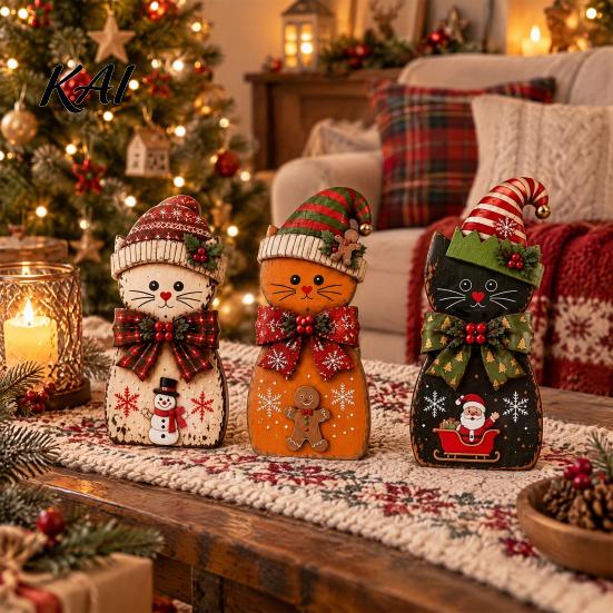 Wooden Desktop Decorations 3Pcs Christmas Cat Tabletop Decor, Rustic 2D Figurines with Xmas Reusable Holiday Crafts Hat, Santa & Gingerbread Patterns