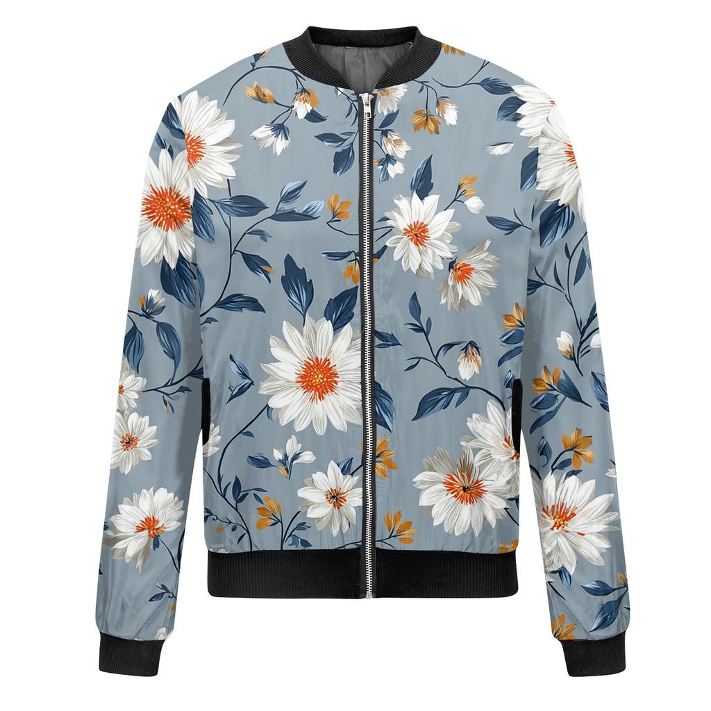 Damenmode Langarm Blumenprint Rundhals Reißverschluss Jacke