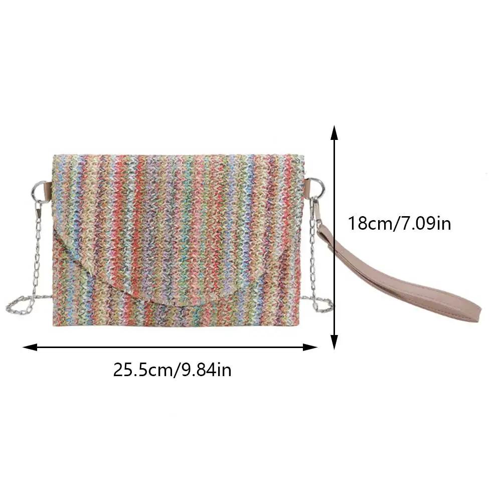 2025 Summer Straw Clutch Purse Bohemian Colorful Striped Wristlet Bag Hand-Woven Chic Hobo Bag Women's Retro Chain Crossbody Bag
