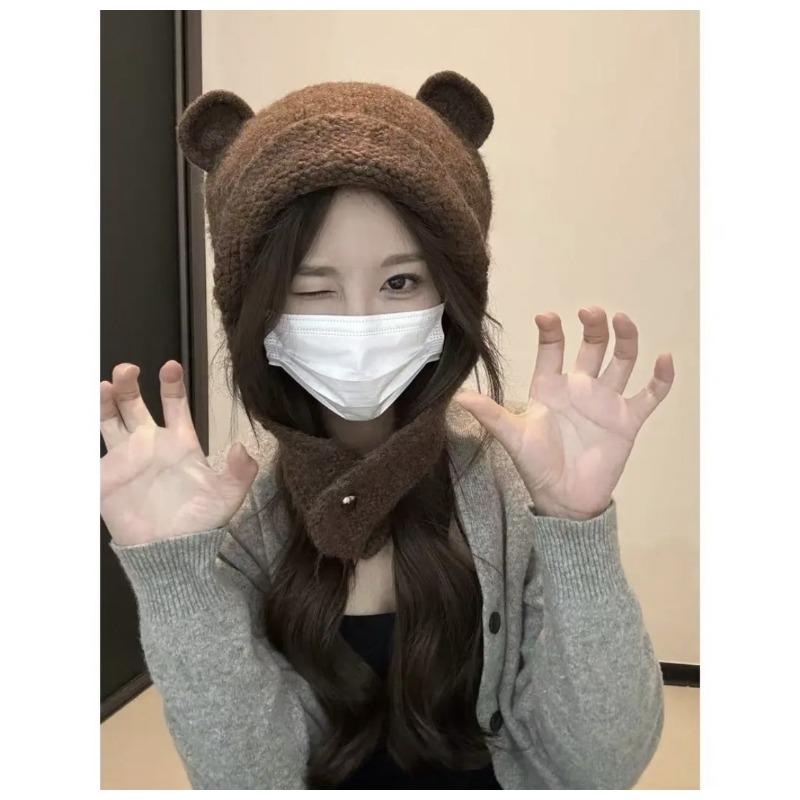 New bear knitted hat fashionable lazy style cute bear ears versatile wool ear protector headgear autumn and winter hat women