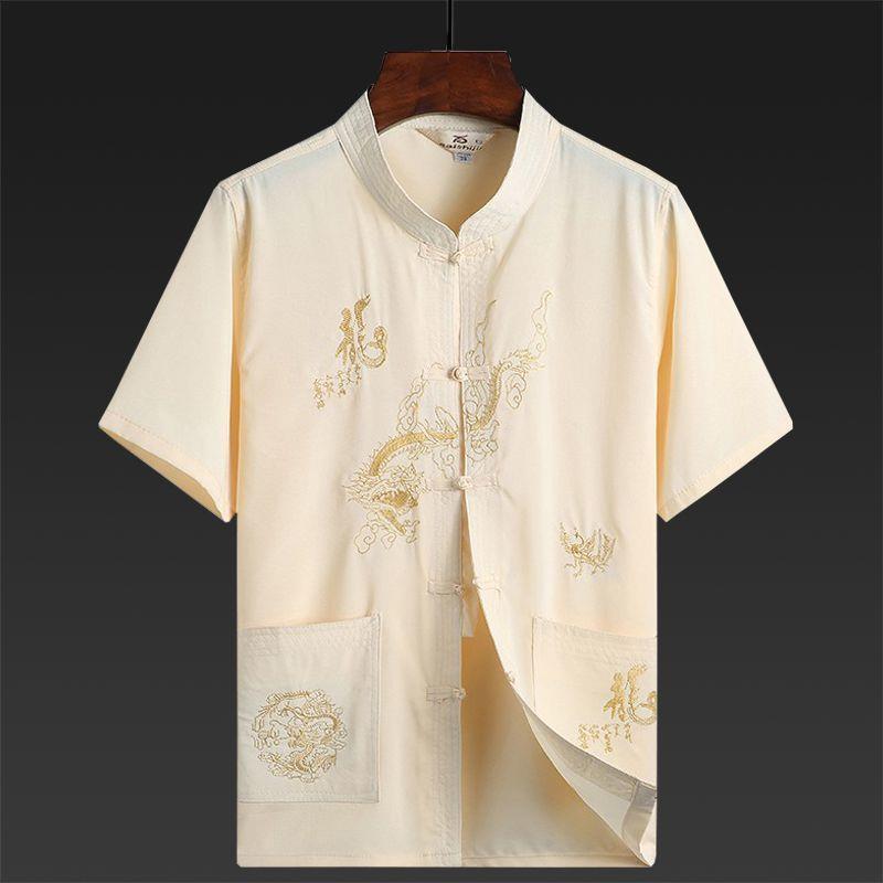 

Мужские винтажные топы с короткими рукавами на весну и лето для людей среднего и пожилого возраста. Одежда для утренних упражнений тайцзи в китайском стиле. 37 бежевый