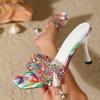 Chinelos de Verão Abertos com Strass Colorido para Mulheres PVC Transparente Salto Fino Sexy Sapatos de Deslizar para Senhoras