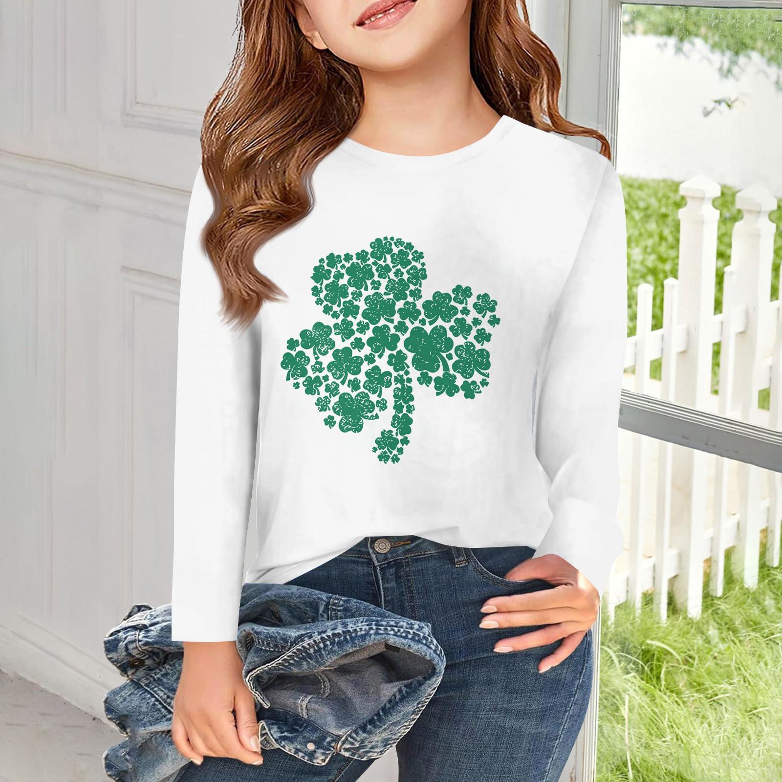 

Футболки с длинным рукавом для девочек, детские осенние топы с круглым вырезом и принтом, базовые футболки для детей 5–14 лет 150 белый