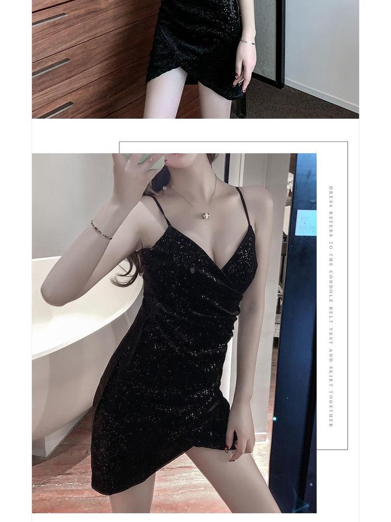 2025 V-neck Pleated Velvet Bodycon Strap Dress for Women