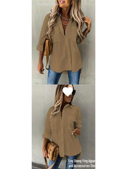 European American Women's Versatile Pocketed Long-Sleeve Lapel Shirt