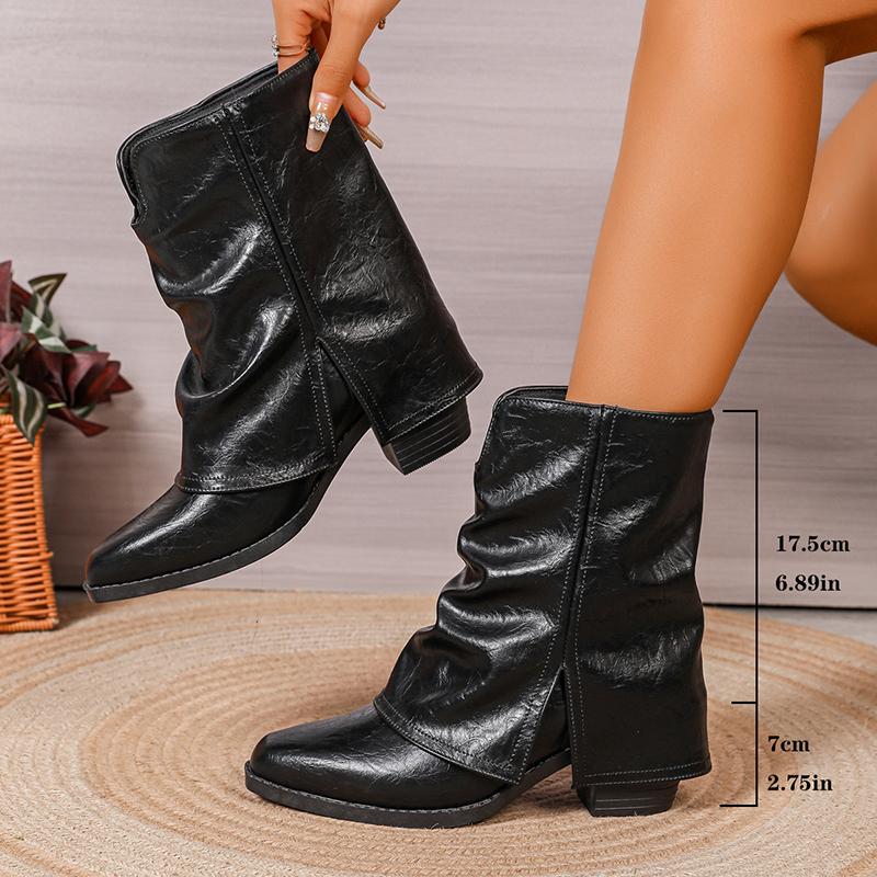 

Plus Size Fashion Chunky Heel Ankle Boots Women Pointed Toe Slip On Fold Over Boots Woman Autumn Winter Black PU Leather Booties 43 чёрный