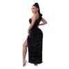 2023 Independent Fashion Velvet One-Shoulder Sequin Slit Evening Gown