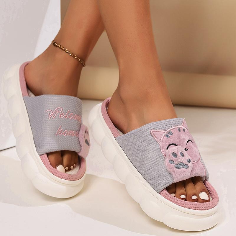 Cute Cartoon Cat Home Slippers for Women In All Four Seasons, Thick Soled Spring and Autumn Cotton Slippers for Indoor Use