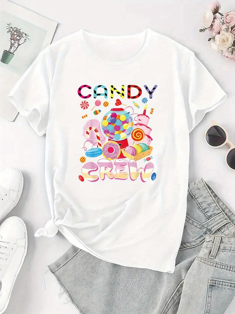 Women's Candy Crew Graphic Print T-Shirt Black Casual Short Sleeve Round Neck Tee with Colorful Geometric Candy Design