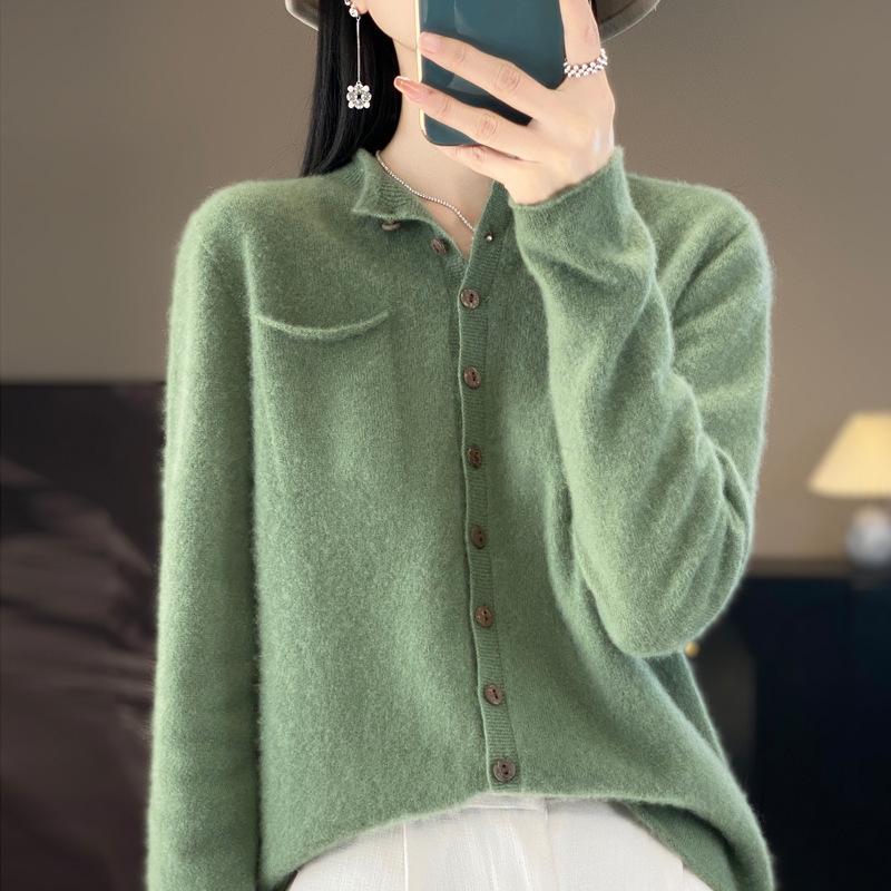 Wool Cardigan with Seamless One-line Rolled Pocket Coat Top