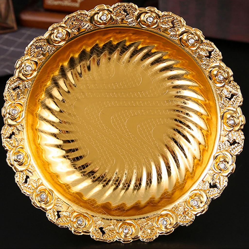 Footed Decorative Fruit Tray Vintage High Gloss Floral Carving Trim Metal Footed Fruit Plate for Snacks Nuts