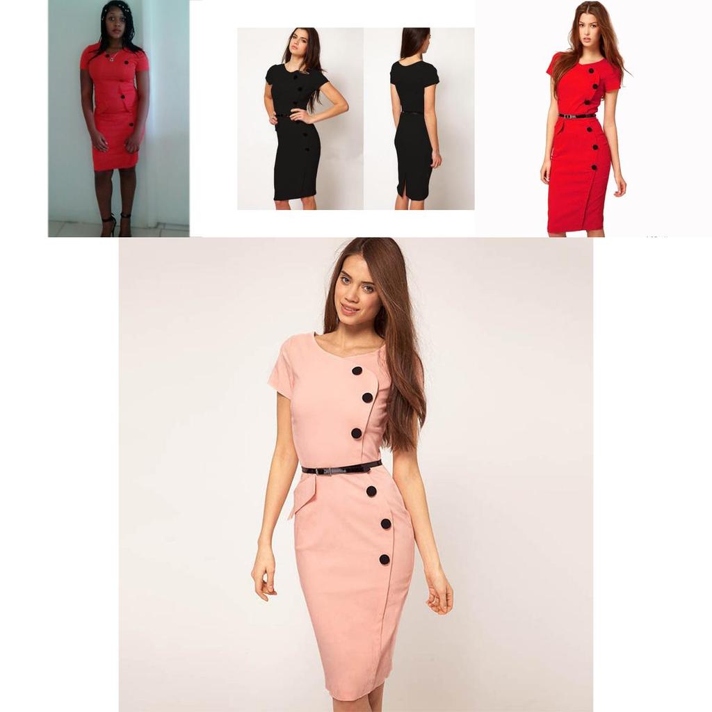 Elegancka Damska Modna Sukienka Vintage z Krótkim Rękawem Zapinana na Guziki do Biura i na Co Dzień