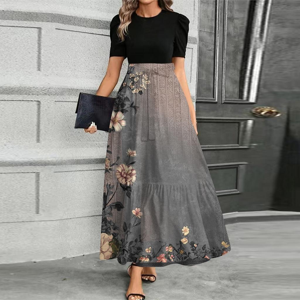 Women's Fashionable Casual Belt Short Sleeved Round Neck Print Elegant Temperament Dress