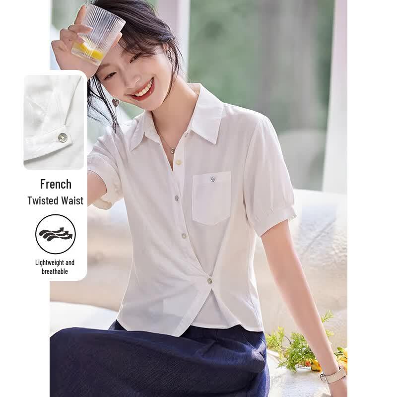 Women s Irregular Hem Short Sleeve Lapel Shirt M