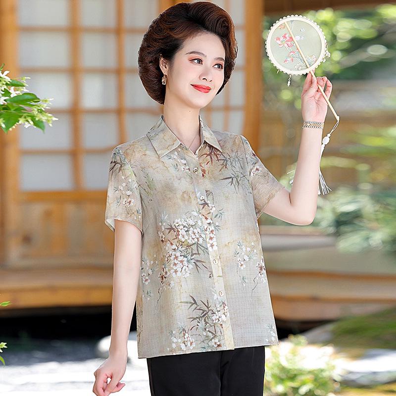 

Mom s Summer Chinese-Style Short Sleeve T-Shirt: New 2025 Trend for Middle-Aged & Elderly Women 2XL (Recommended 110-120 lbs) бежевый