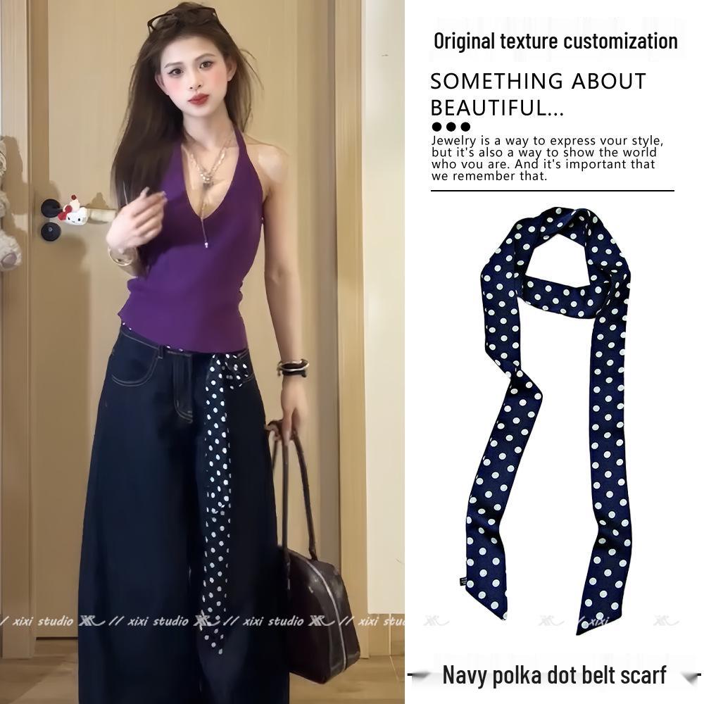 Silk Polka Dot Tie Waist Scarf: Long, Narrow Belt & Ribbon for Trousers, Waist Cincher, or Accessory