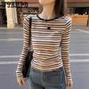 Women's Long Sleeved T-shirt Striped Round Neck Spring and Autumn Winter Slimming Base T-shirt Top