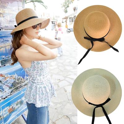 Summer Straw Hat Women Wide Brim Beach Sun Hat Foldable Floppy Panama Bow Ribbon Ladies Cap