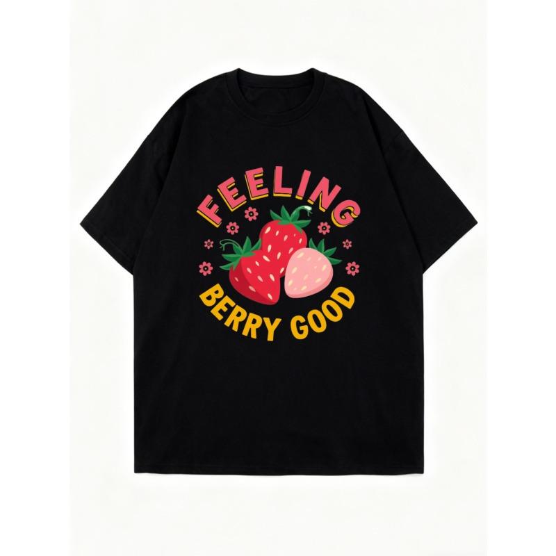 Feeling Berry Good Oversized T Shirt Black Strawberry Print And Text Casual Summer Wear For Women