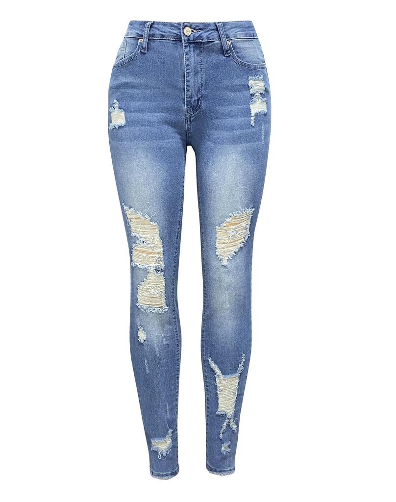 2025 Women's European & American Style Ripped Stretch Jeans - Mid-Waist, Long Length, Slim Fit.