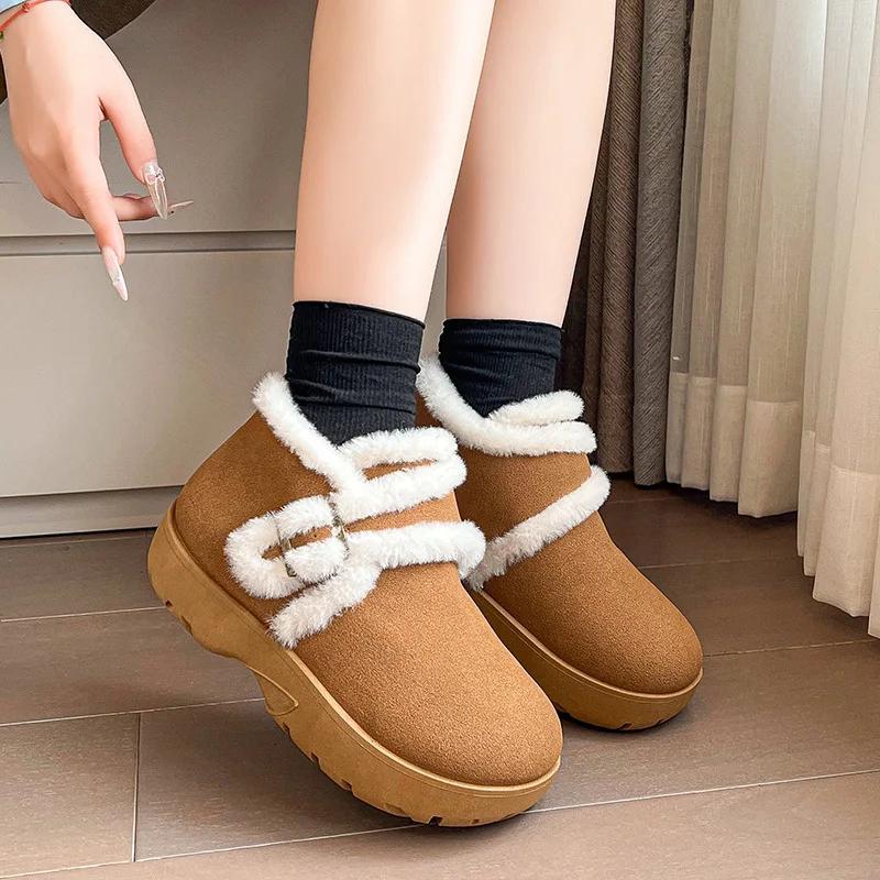Fashion Platform Boots Women 2024 Winter New Warm Cotton Shoes Women Plus Fleece Non-slip Flat Women's Ankle Boots