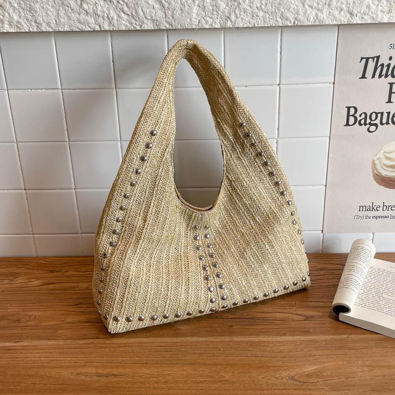 

Summer New Straw Woven Bag With Unique Studs Women Stylish Shoulder Bag Large Capacity Casual Commuter Bag Simple Underarm Bags 37x12x19cm хаки