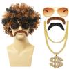 1 Set Men'S Black Short Curly Synthetic Cosplay Wig Gold Brown 70S 80S Disco Mustache Gold Chain Halloween Costume Party Wig