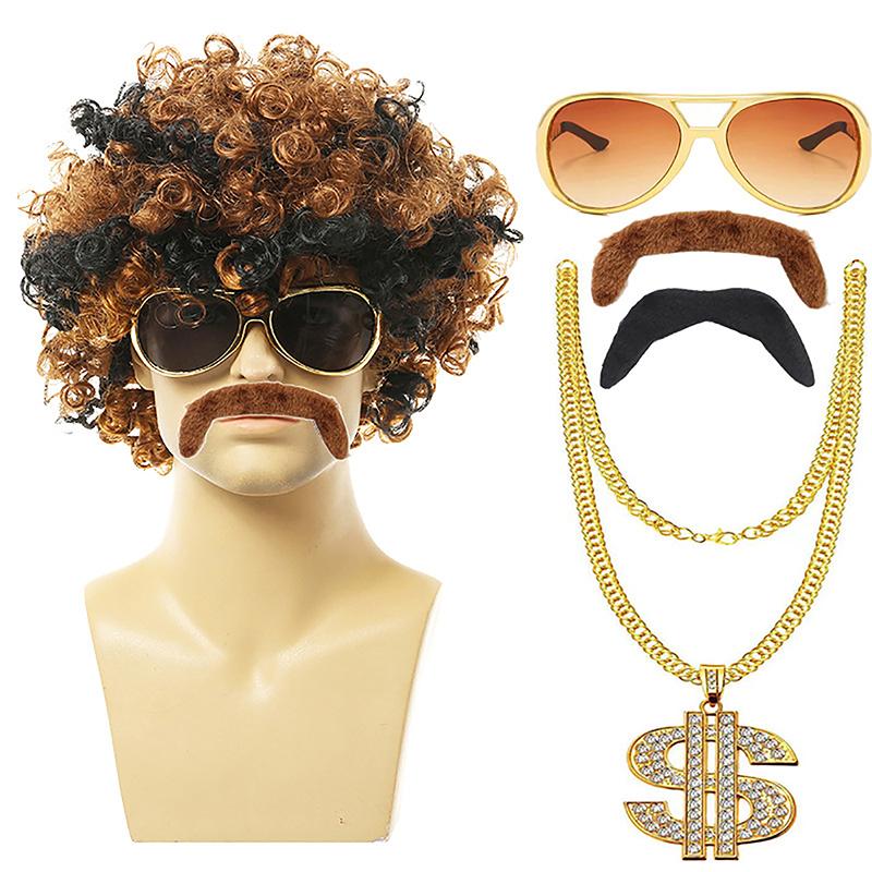 1 Set Men'S Black Short Curly Synthetic Cosplay Wig Gold Brown 70S 80S Disco Mustache Gold Chain Halloween Costume Party Wig
