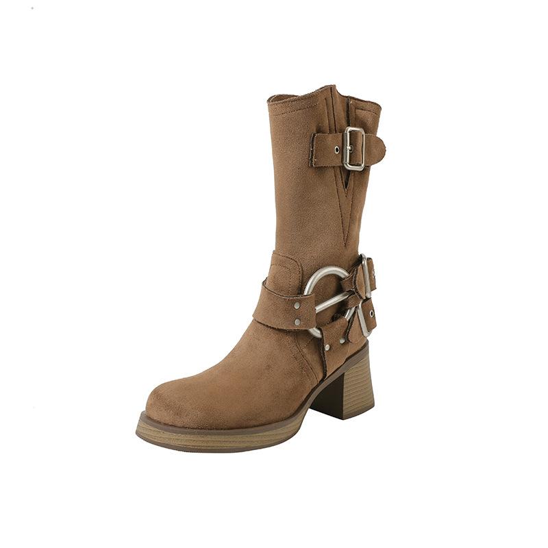 

2025 Pile boots women s thick heel western cowboy boots medium tube round boots suede high heel boots metal decoration 40 хаки