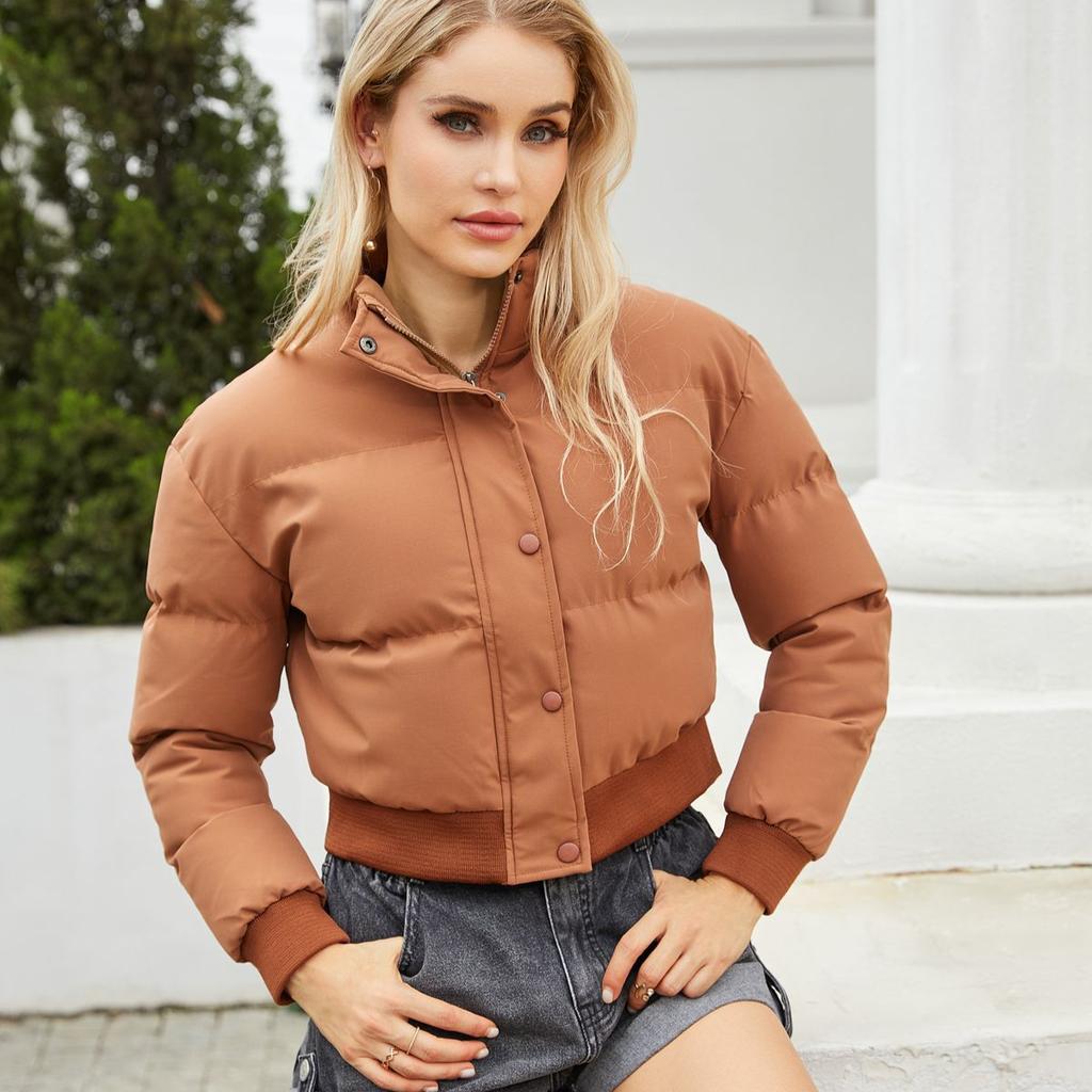 Winter Short Cotton Jacket Women's Long Sleeved High Neck Warm Jacket Loose Casual Bread Jacket Solid Color Punk Jacket Down Jacket