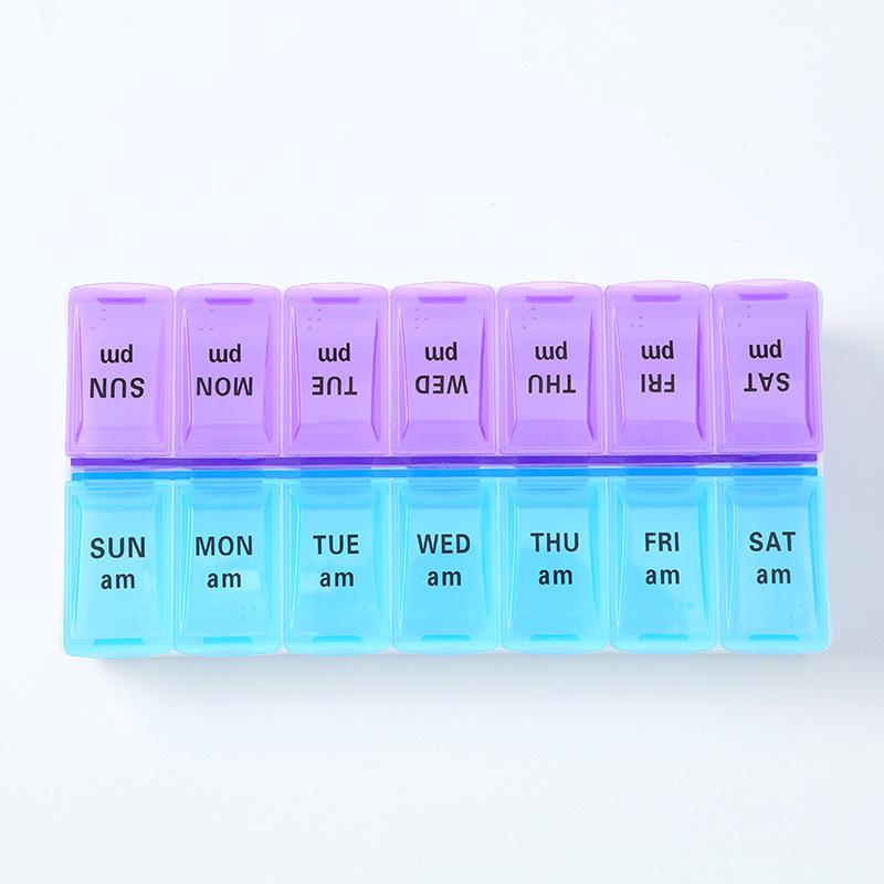 Organizer na leki w alfabecie Braille'a z dwoma rzędami: 7-dniowy, 14-komorowy, pyłoszczelny pojemnik do przechowywania