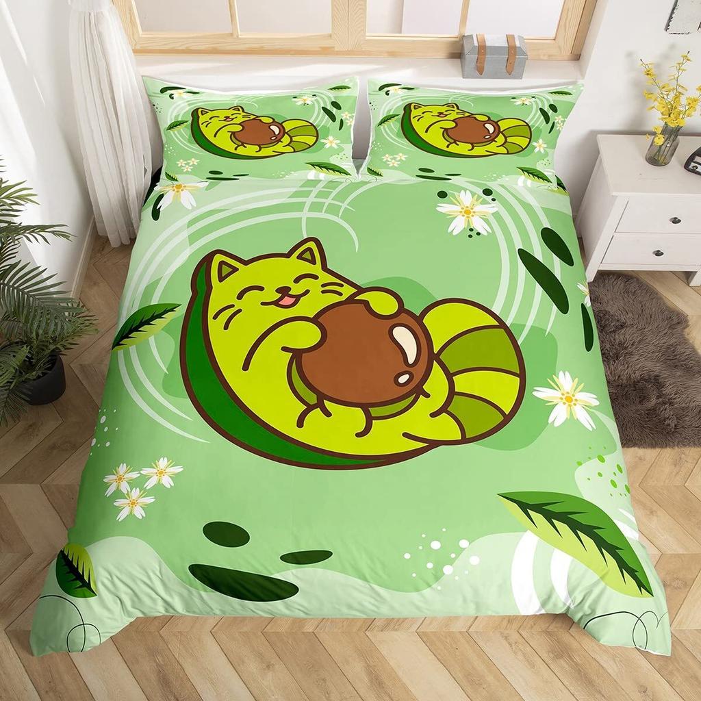 Fruit Duvet Cover Set, Cute Cartoon Avocado Decor 3 Piece Bedding Set with 2 Pillow Shams, Queen King Full Size, Paprika Green