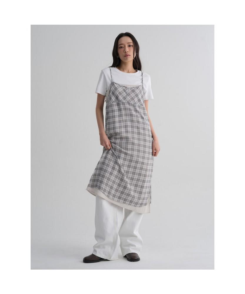 8SECONDS Sheer Check Layered Long Dress Beige