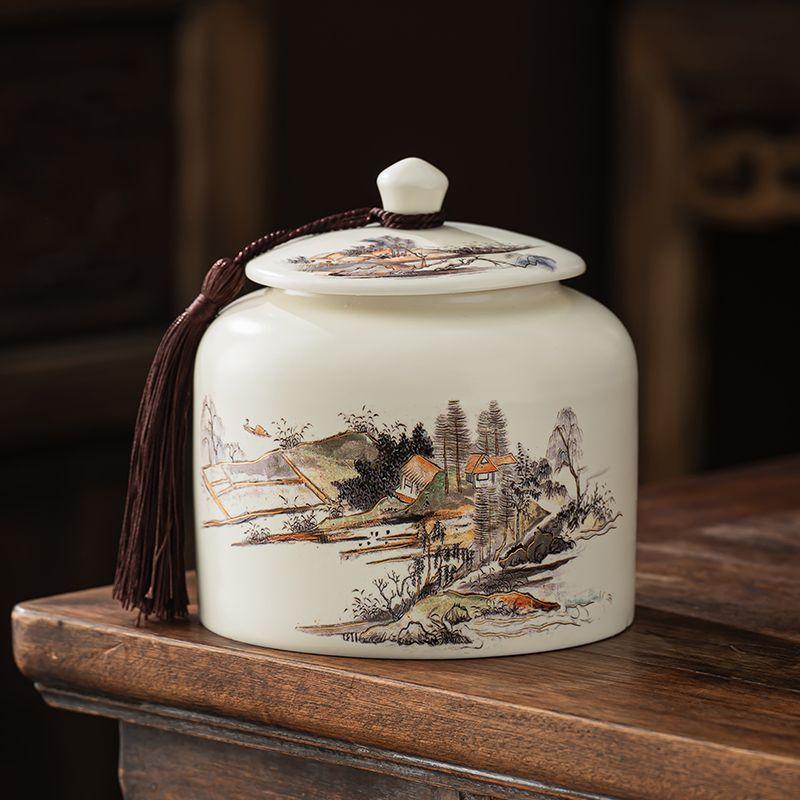 Vintage Mountain Scenery Pattern Ceramic Tea Caddy Moisture Seal Nut Candy Storage Jar Ink Ceramic Storage Bottle Art Decoration