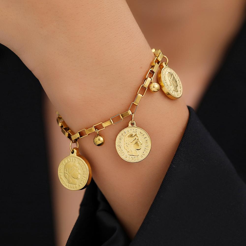 Stainless Steel Bracelets Grunge Gothic Queen's Portrait Coin Pendants Exquisite Charms Bracelet For Women Zircon Party Gifts