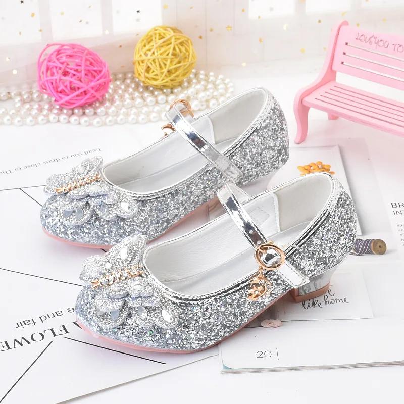 Fashion Children Princess Shoes Glitter Rhinestone Girls High-heels Leather Shoes for Party Wedding Kids Versatile Single Shoes