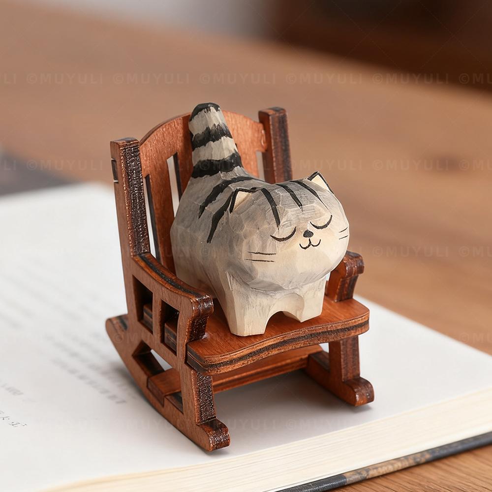 Cute Cat Animals Figurine Decorative Wooden Ornament Miniature Kitten Coffee Home Bedroom Office Desk Decoration Gift Statue