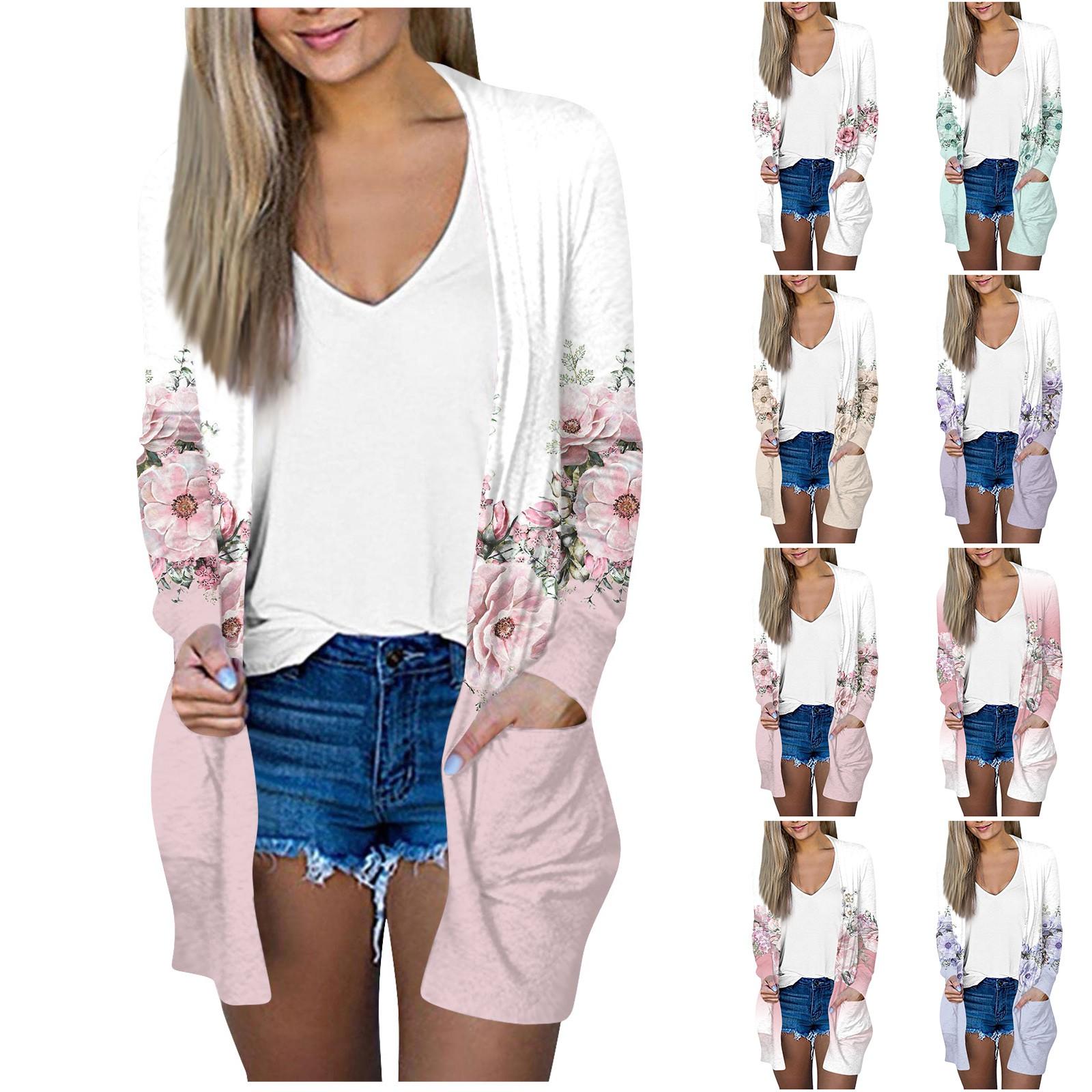 

Женская модная свободная повседневная куртка-кардиган с карманом и цветочным принтом, топы с длинными рукавами