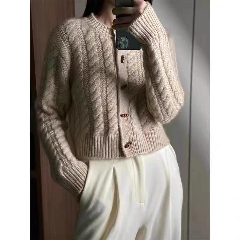 Women's Wool Cable Knit Cardigan Sweater - Autumn/Winter High-Waisted with Horn Button