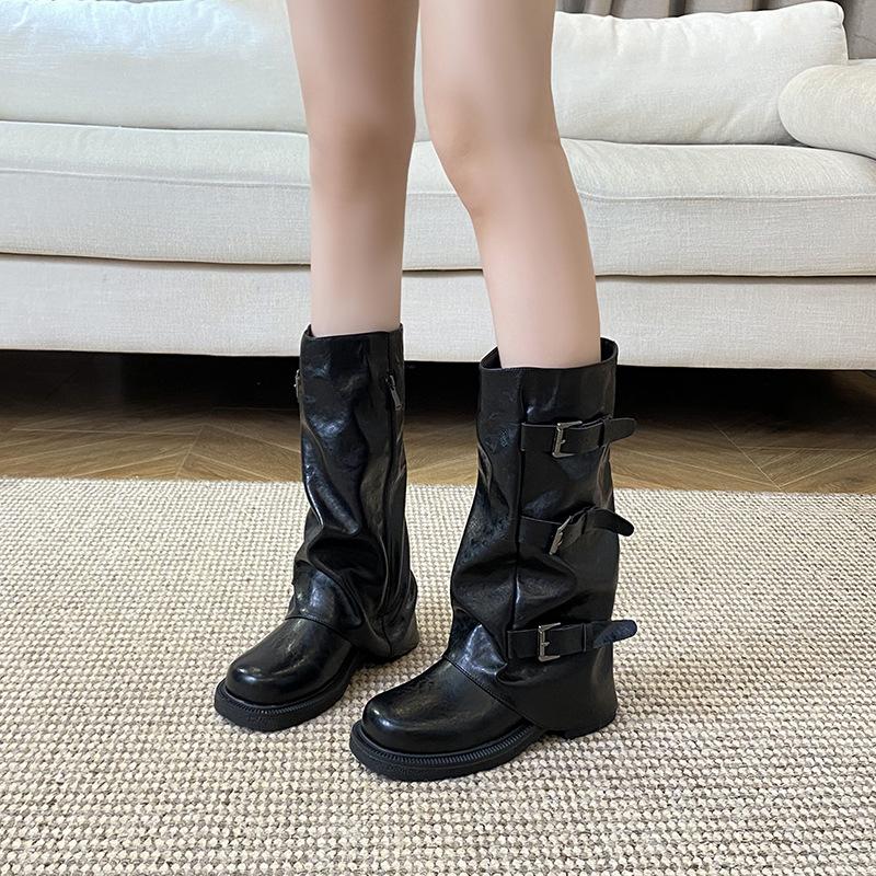 Thick-soled trouser boots for women's new thin thick heel belt buckle knight boots medium tube stack boots western cowboy boots for women