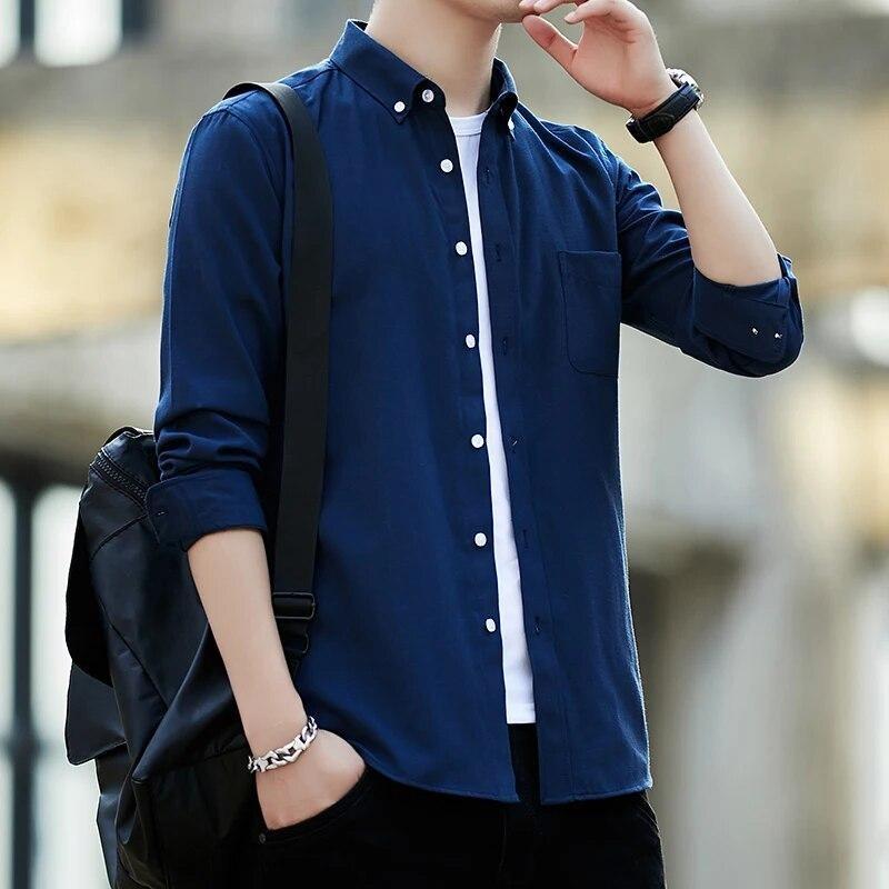 

Men s Long Sleeve Cotton Shirt Front Patch Chest Pocket Button-down Collar Thick Oxford Casual Shirts XXXXXL темно-синього кольору