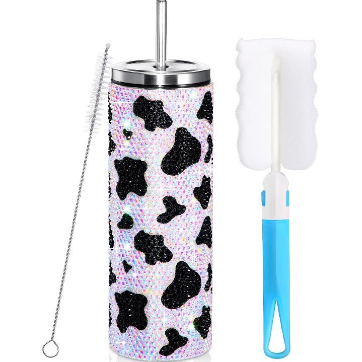 Gejoy 20 oz Bling Diamond Cow Print Stuff Tumbler for Women Rhinestone Stainless Steel Vacuum Insulated Cow Pattern Tumbler for Graduation Birthday