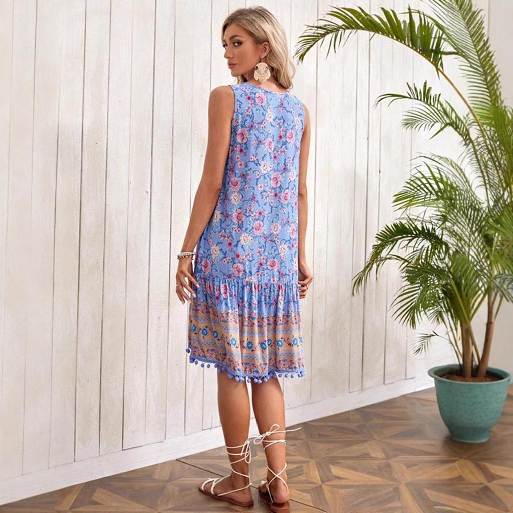 Süße Sommerkleider aus Baumwolle für Damen im Urlaubsstil, lila, Strand-Sommerkleid mit Blumendruck, Rüschen, Schnürung, Bohemia-Minikleid