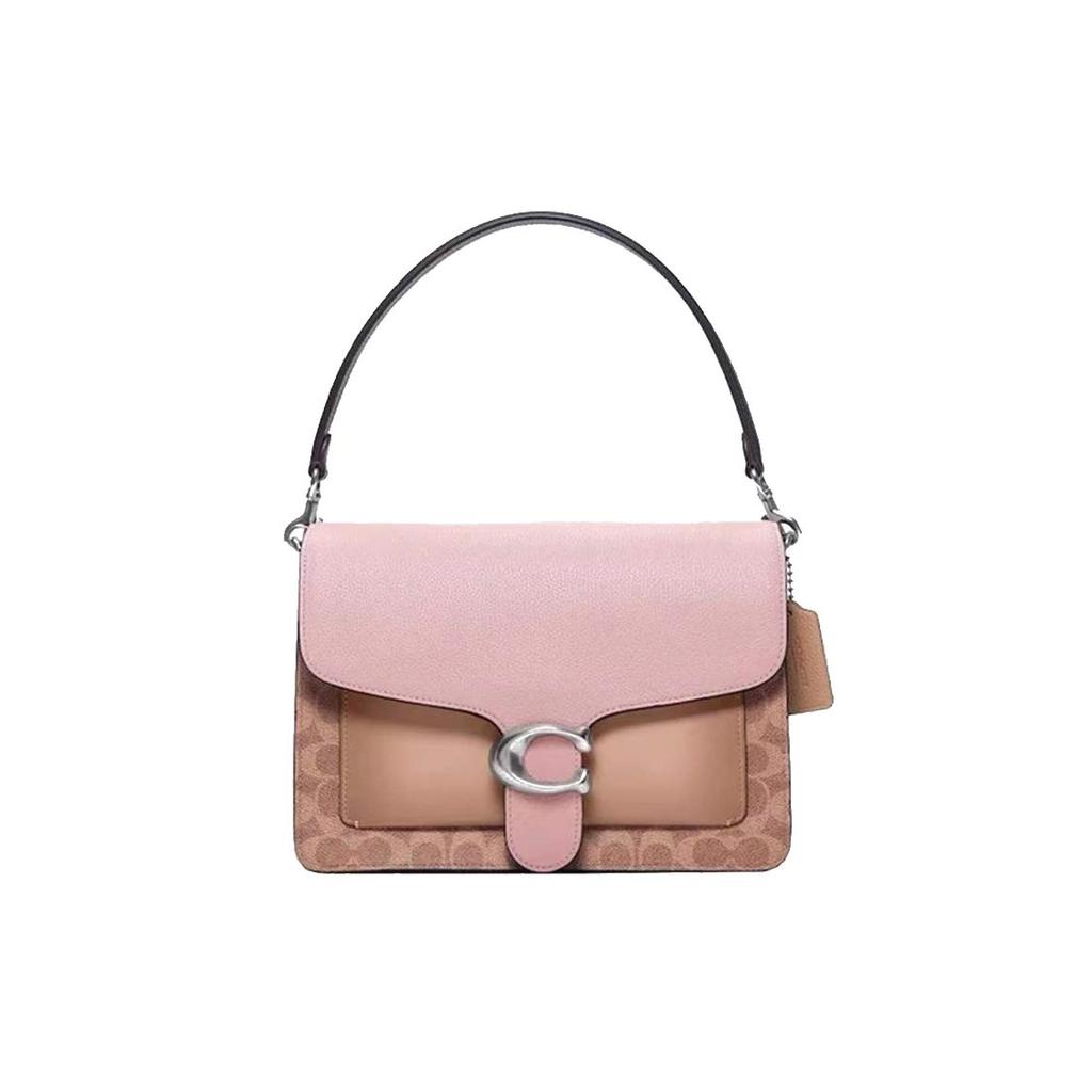Coach Tabby 28 C Buckle Flap Color Block Monogram Leather Shoulder Crossbody Bag Large Women Bags Milk-Tea-Brown Black 4145-LHQ64