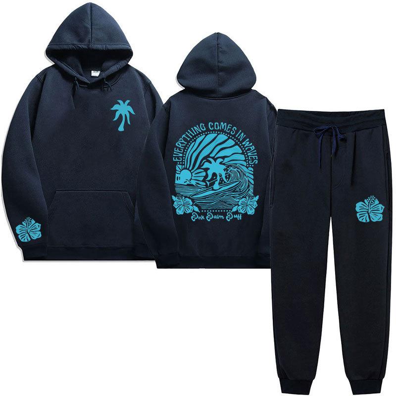 Chasing Sunsets Threaded Peripheral Printing Men's and Women's Sweatshirts Sweatpants Set Hoodie Straight Pants Set